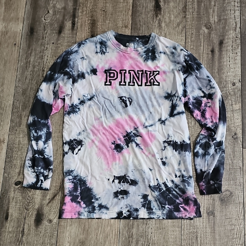 PINK Victoria's Secret Black and Pink Tie-Dye Long Sleeve Tee